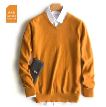 Men’s Classic V-Neck Pullover Sweater – 2024 Autumn Winter Cashmere-Cotton Blend Warm Jumper