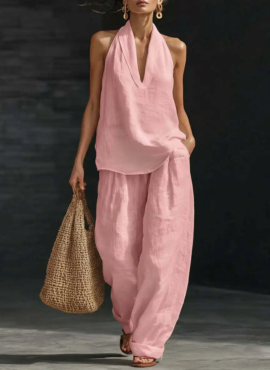 Women’s 2-Piece Summer Outfit – Halter Neck V-Neck Sleeveless Top & Loose Trousers Casual Matching Set