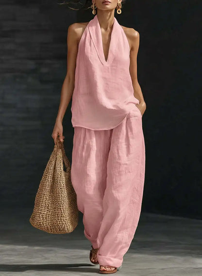 Women’s 2-Piece Summer Outfit – Halter Neck V-Neck Sleeveless Top & Loose Trousers Casual Matching Set