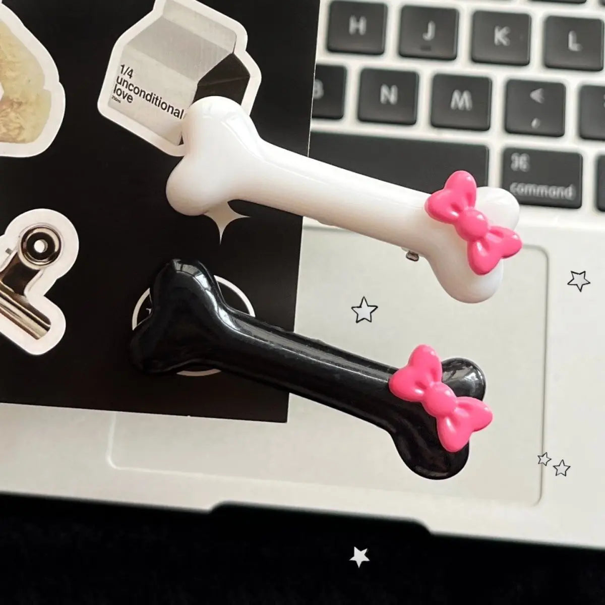 Kawaii Bow Dog Bone Hair Clips – Cute Black & White Bone Hairpins for Girls, Duckbill Barrettes Accessories