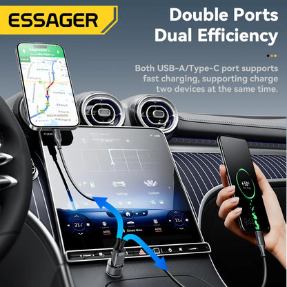 Essager 45W USB-C Car Charger – Dual Port PD 3.0 & QC 3.0 Fast Charging Adapter with Digital Display for iPhone 16/15, Samsung, Xiaomi, Huawei & OPPO Devices