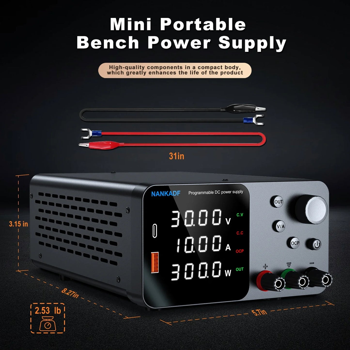 30V 10A Adjustable DC Lab Power Supply – 4-Digit LED Display, USB-A/Type-C 5V/3.6A Fast Charge with Encoder Control