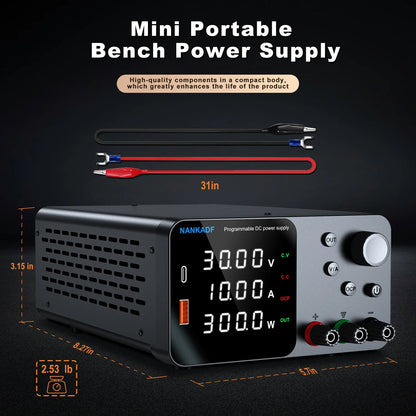 30V 10A Adjustable DC Lab Power Supply – 4-Digit LED Display, USB-A/Type-C 5V/3.6A Fast Charge with Encoder Control
