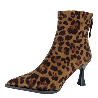 Leopard Print Women’s Ankle Boots – Fashionable High Heel Short Booties, Elegant Dancing & Party Prom Shoes