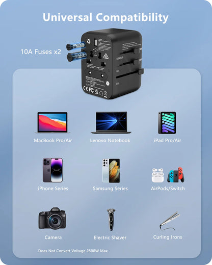 LENCENT Universal Travel Adapter with 3 USB Ports & Type-C PD Charging - EU/UK/USA/AUS Plug, All-in-One Travel Charger