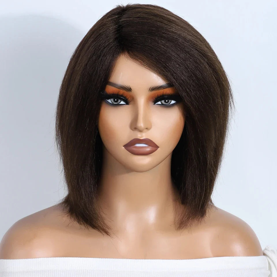 Lekker Short Kinky Straight Bob Wig - 12" Glueless Brazilian Remy Human Hair, Natural Brown, Ready to Wear