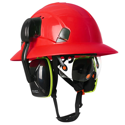CE Full Brim Safety Helmet - HDPE Construction Hard Hat with Built-In Goggles & Earmuffs