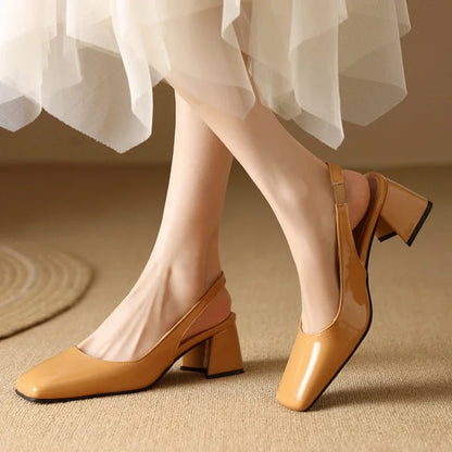 Women’s Bright Green Patent Leather Slingback Pumps – Square Toe Chunky Heel Stylish Shoes