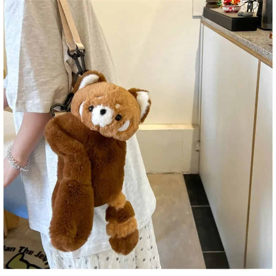 Red Panda Plush Backpack, Cute Plushie Doll Crossbody, Soft Fur Shoulder Bag for Women, Camping, Travel, Party, Birthday Gift