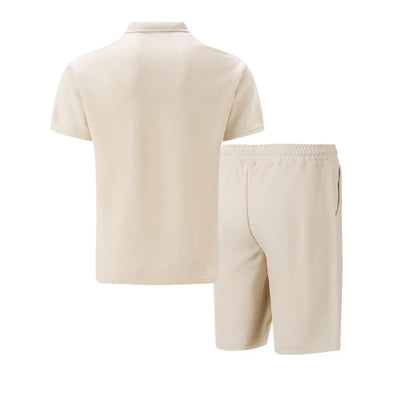 2025 Men's Summer Waffle Knit Short Set – Solid Color Zip-Up Lapel Shirt & Shorts | European & US Style