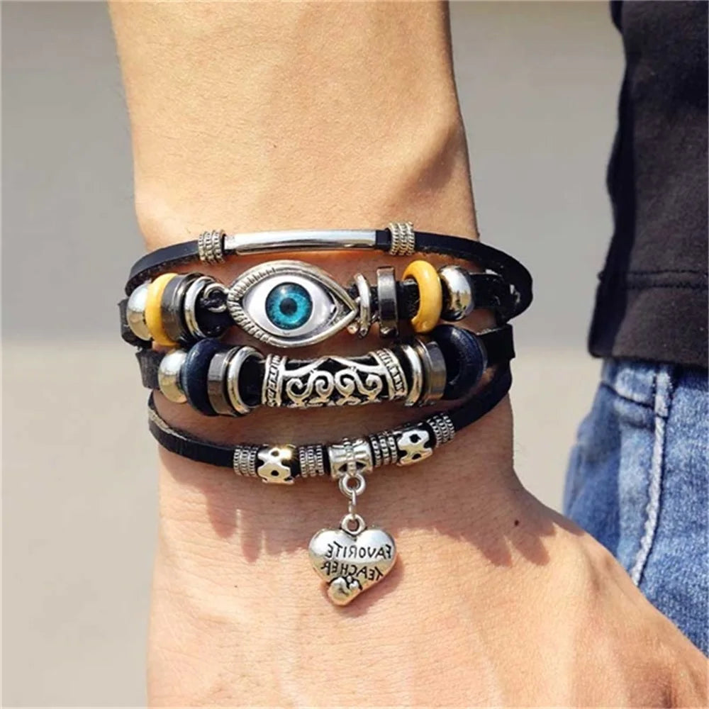 Vintage Gothic Punk Moon & Star Metal Bracelet - Multilayer Leather Bangle for Men, Leaf & Sun Arm Jewelry
