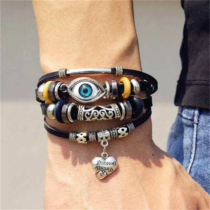 Vintage Gothic Punk Moon & Star Metal Bracelet - Multilayer Leather Bangle for Men, Leaf & Sun Arm Jewelry