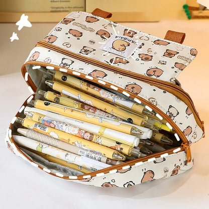 INS Capybara Four-Layer Large Capacity Pen Bag - Cute Cartoon Pencil Case, Stationery Organizer & Storage Bag for Students, Perfect Gift