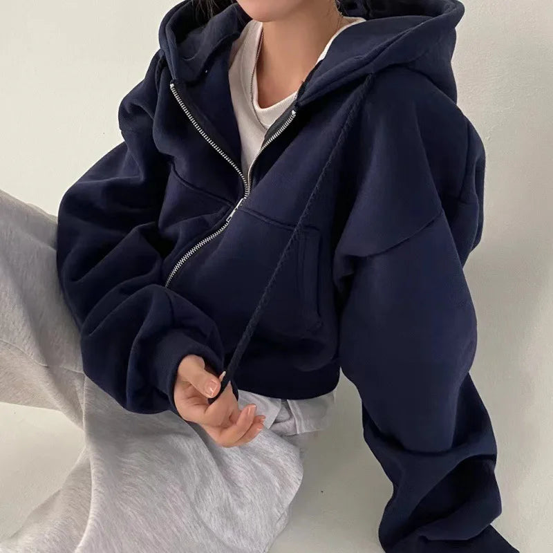 2024 Women’s Fleece-Lined Hooded Sweatshirt – Cropped Zip-Up Slim Fit Warm Navy Blue Casual Hoodie for Spring & Autumn Fashion