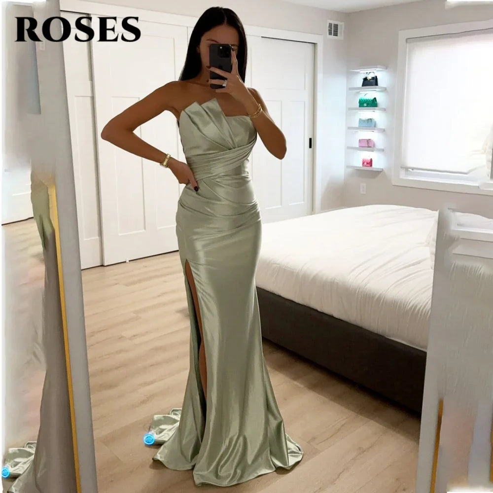 ROSES Elegant Strapless Prom Dress – Modern Satin Evening Gown with Backless Design & High Side Split, Custom Formal Gown