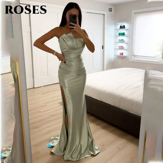 ROSES Elegant Strapless Prom Dress – Modern Satin Evening Gown with Backless Design & High Side Split, Custom Formal Gown