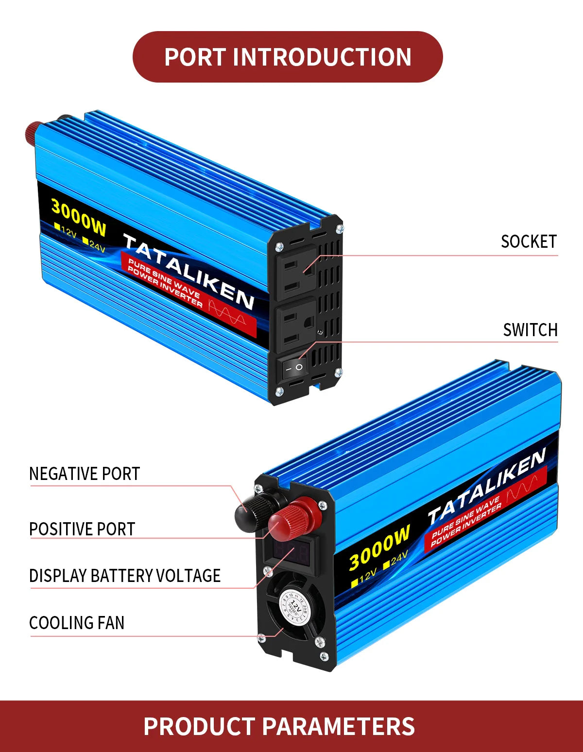 12V/24V to 110V AC Pure Sine Wave Power Inverter — 4000W/16000W 60Hz Converter with LED & US Socket for Car & Solar