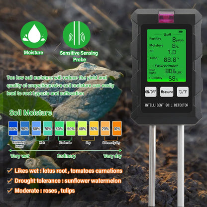 Digital 6 in 1 Soil Tester - pH, Fertility, Moisture, Sunlight, Humidity & Temperature Monitor for Garden Soil Analysis