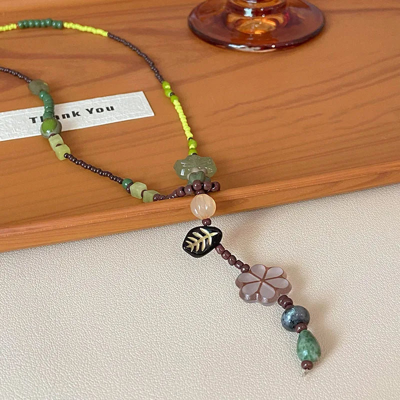 Ethnic Stone Beaded Flower Necklace - Hollow Pendant Adjustable Rope Chain Boho Beach Jewelry Gift for Women