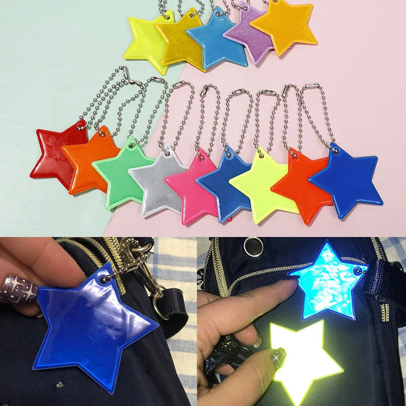 10PCS Reflective Keychain Pendants - Ghost, Star, Heart Shapes, Safety Reflectors for Bags, Ideal for Children & Adults