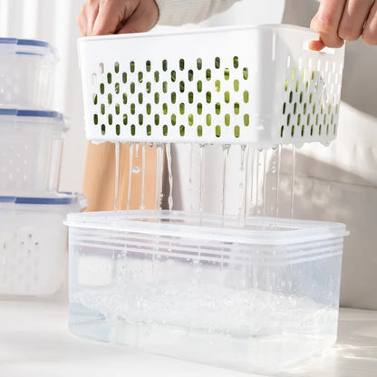 Refrigerator Preservation Storage Box - Drain Basket Containers Sealed Box for Vegetable and Fruit, Food Grade Drain Box