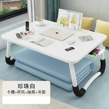Foldable Laptop Desk for Bed & Sofa – Portable Lap Table with Cup, Book Holder, Drawer, and USB Slot