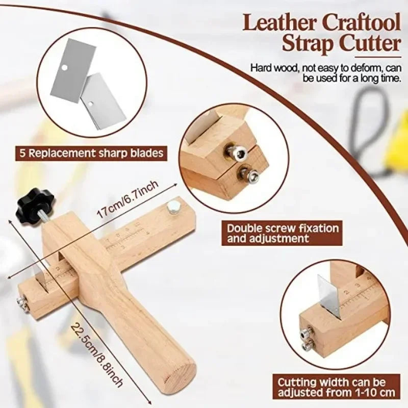 Wooden Adjustable Leather Strap Cutter with 5 Sharp Blades – Precise DIY Belt Cutting Tool for Leathercraft