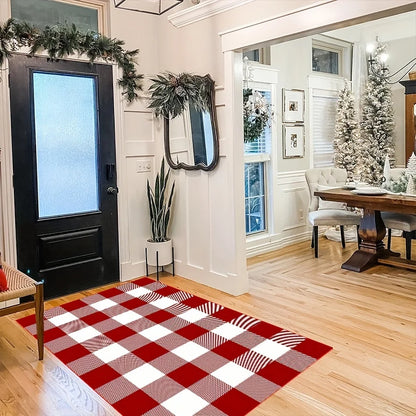 VIKAMA Christmas Checkered Outdoor Rug — Washable, Anti-Slip Welcome Mat for Front Porch & Festive Home Decor