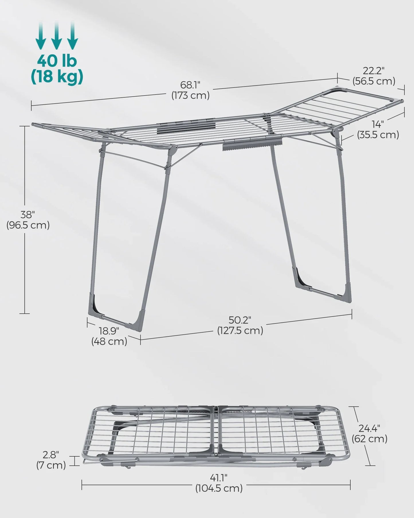 SONGMICS Foldable Gullwing Clothes Drying Rack – Space-Saving Laundry Rack with Sock Clips, 22.2"x68.1"x38"