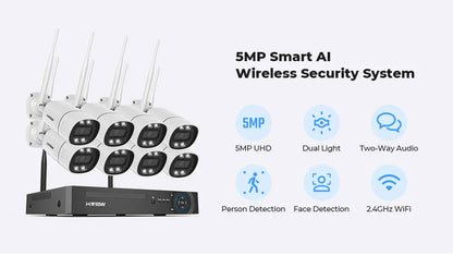 H.View 8CH 5MP Wireless WiFi Security Camera System — CCTV NVR Kit with Indoor/Outdoor Cameras & Two-Way Audio XMEye