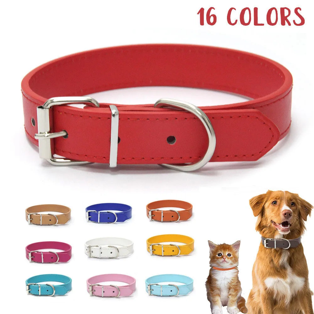 Solid Color Leather Dog Collar – Adjustable Cat Necklace & Puppy Neck Strap, Suitable for Medium & Small Dogs, Pet Supplies XS-XL