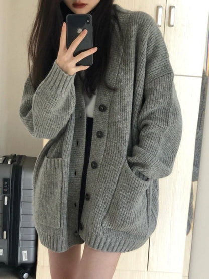 Autumn Winter Women’s Cardigan Sweater Coat – Fashion Long Sleeve V-Neck, Loose Fit Knitted Jacket, Casual Sweater Cardigan