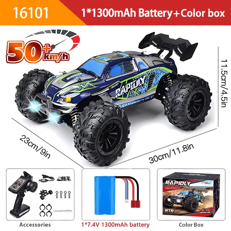16103 Fast RC Cars – 50km/h 1/16 Off-Road 4WD Monster Truck with LED Headlights, 2.4G Waterproof Remote Control for Adults & Kids