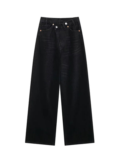 TRAF Women’s Basic Hundred Jeans — High Waist Asymmetric Wide-Leg Trousers, Casual Straight-Leg Fashion Jeans