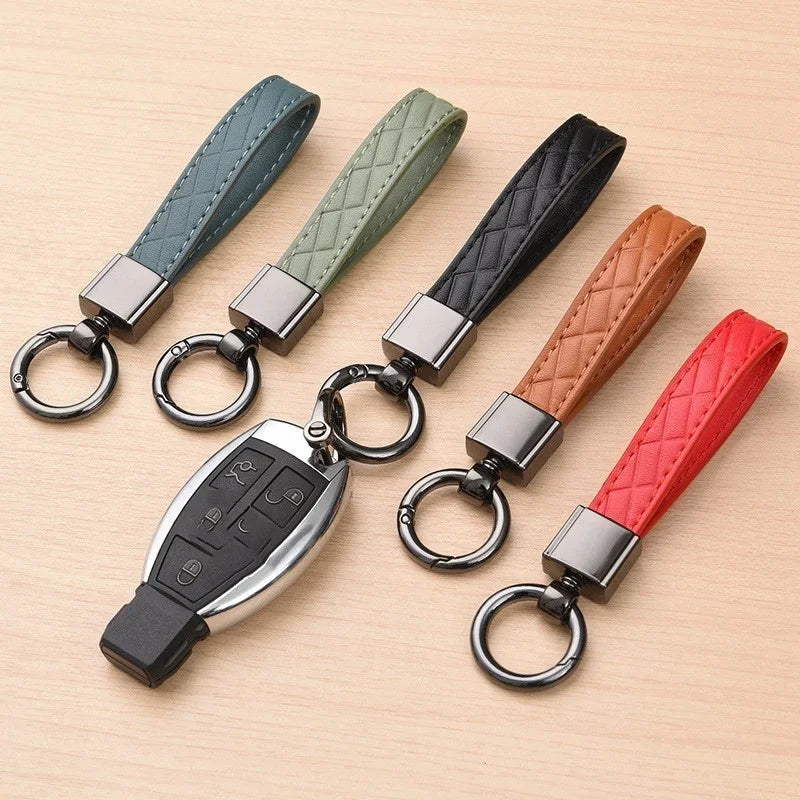 5-Color Genuine Leather Plaid Keychain – Luxury Black Buckle Car Key Ring for Men & Women, Gift for Friends