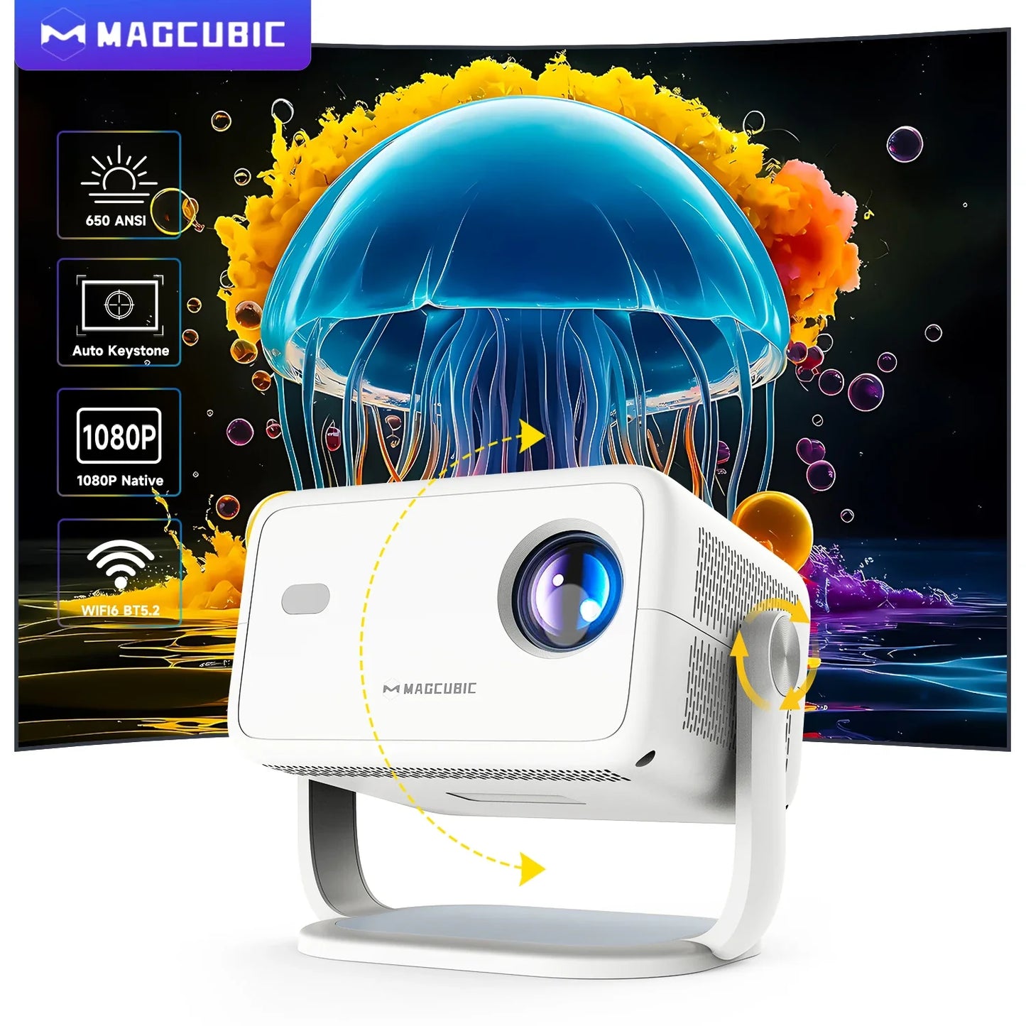 Magcubic Native 1080P 650ANSI 4K L018 Projector - 360° Auto Keystone Focus, Wifi6, BT5.2, Air Mouse, Portable Outdoor