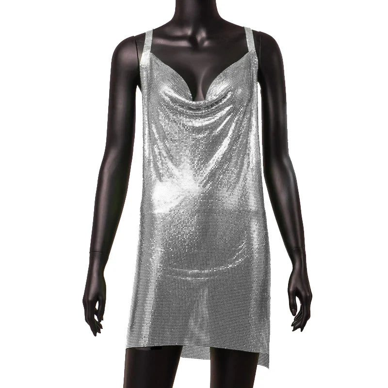 Women’s 90s Rave Glitter Mini Dress – V-Neck Lace-Up Sequin Y2K Clubwear, Sexy Backless Bodycon with Metal Details for Party