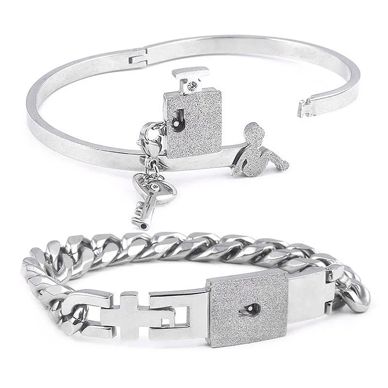 Couple Stainless Steel Love Lock Bracelet & Key Pendant Necklace – Romantic Jewelry Gift for Men and Women