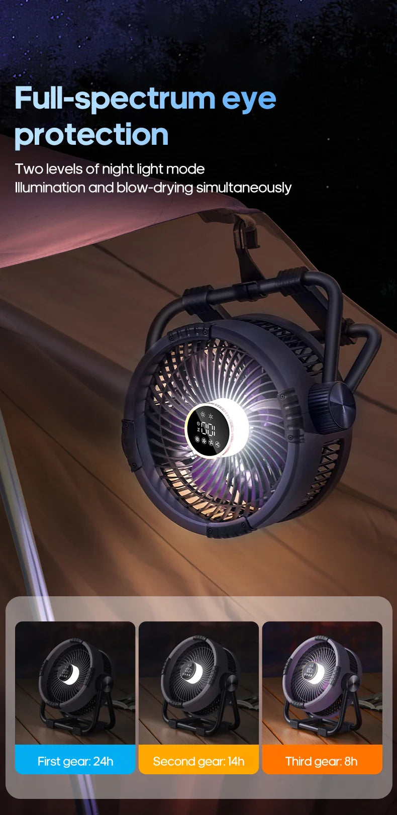 KINSCOTER 6-in-1 Portable Camping Fan — 20000mAh Rechargeable Outdoor Fan with 4 Speeds, Hook & LED Light