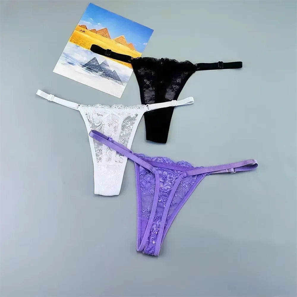 Women's Sexy Lace Thong Set - 3-Piece Sheer G-String Low Waist Plus Size Lingerie