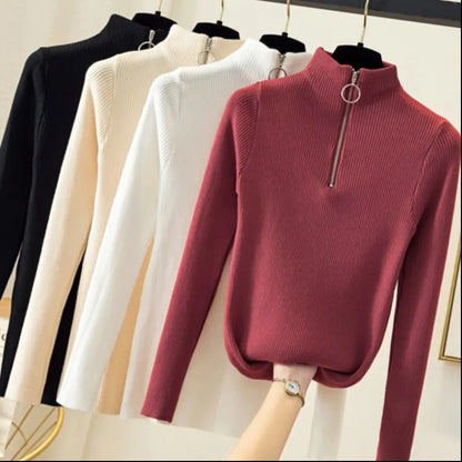 Women's Knitted Zipper Half High Neck Sweater - Slim Fit Solid Pullovers for Autumn/Winter, Basic Knitwear Tops