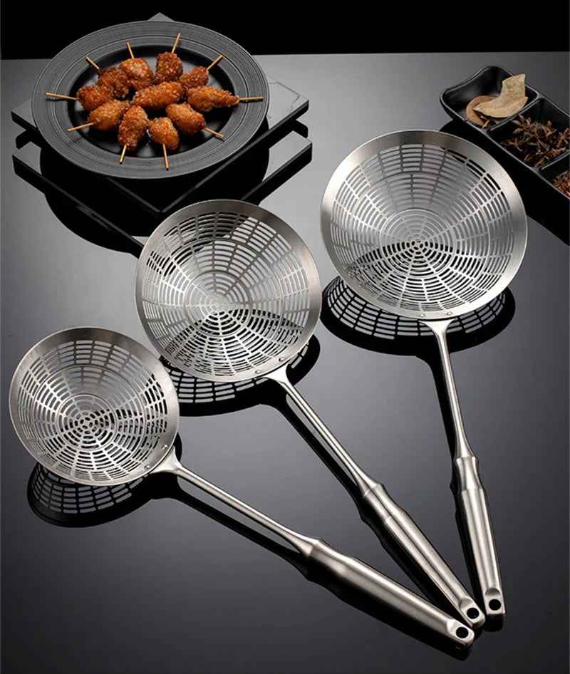 3 Sizes Round 304 Stainless Steel Strainer Set – Long Handle Kitchen Sieves for Hot Pot, Oil Filter & Cooking Tools