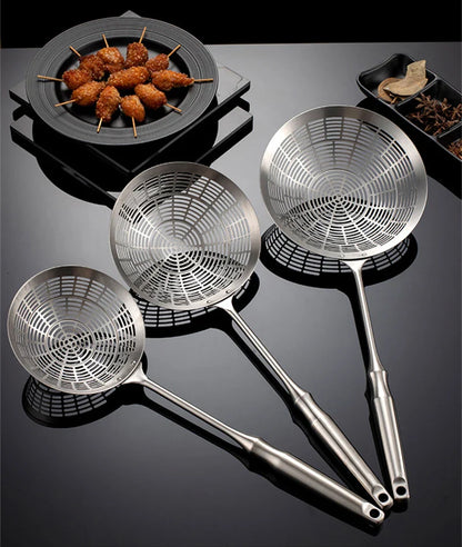 3 Sizes Round 304 Stainless Steel Strainer Set – Long Handle Kitchen Sieves for Hot Pot, Oil Filter & Cooking Tools