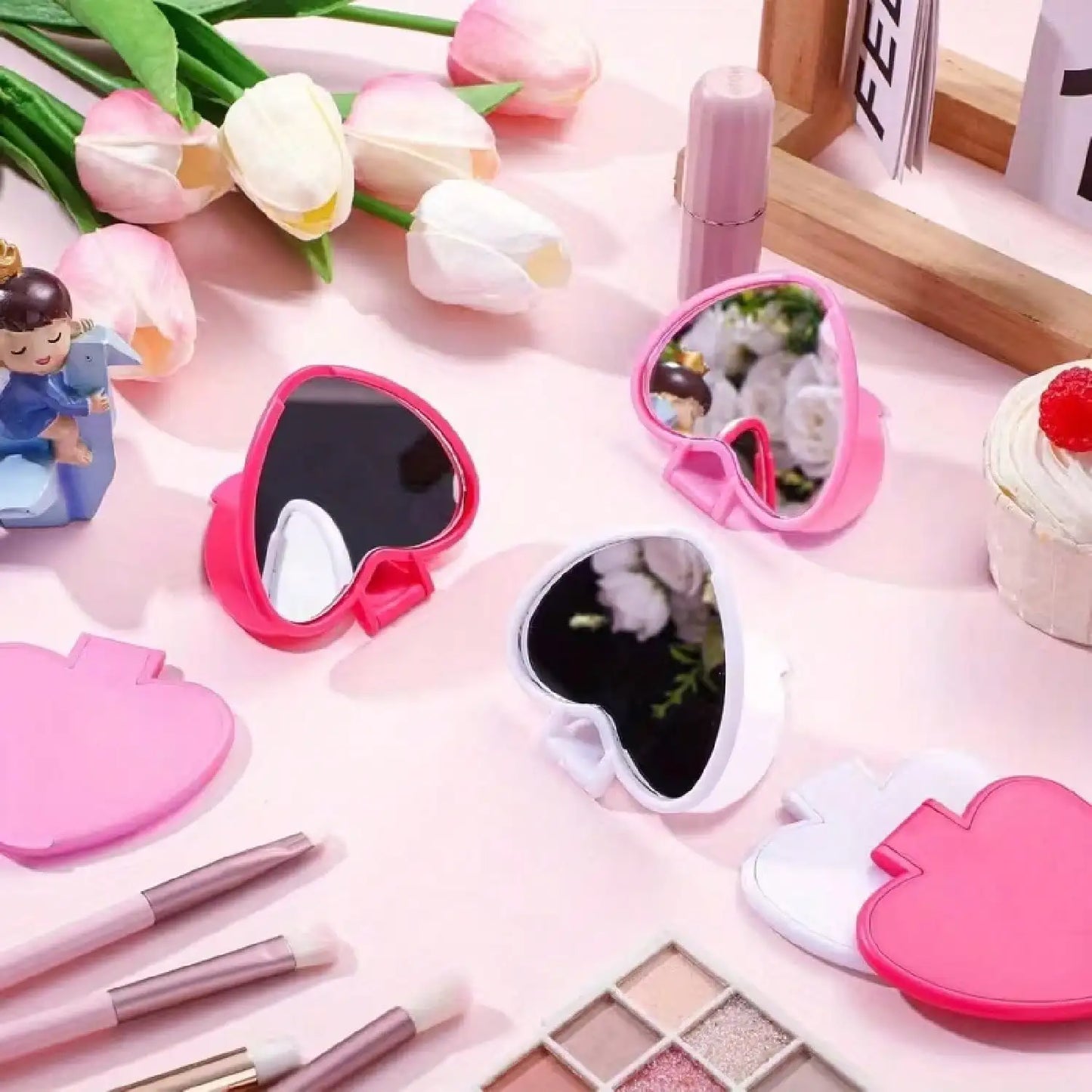 Heart-Shaped Folding Pocket Mirror - Mini Portable Makeup Mirror for Travel & Gifts