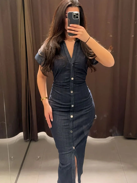 Elegant Pleated Denim Dress for Women – 2025 Chic Slim Fit Lapel Vestido with Short Sleeves & Single-Breasted Design