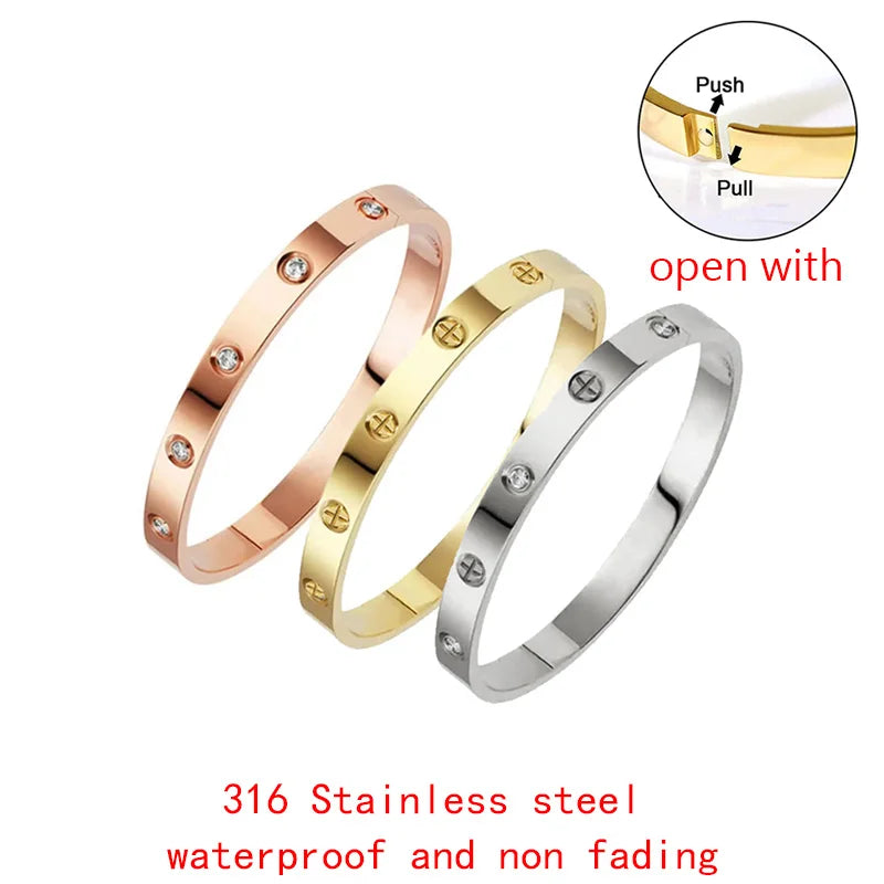 Women’s Gold Zircon Cross Nail Bracelet – Stainless Steel Screw Bangle Jewelry with CZ Stones, Fashion Wrist Accessory