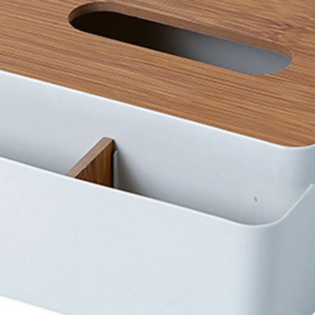 Wooden Tabletop Tissue Box & Storage Organizer – Desktop Holder for Tissue, Remote & Towels