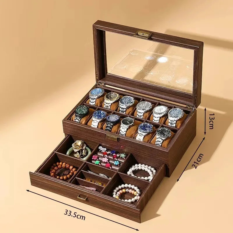 DELESYS Retro Imitation Wood Grain Leather Watch Box — Creative Gift Storage Case for Watches, Glasses & Accessories