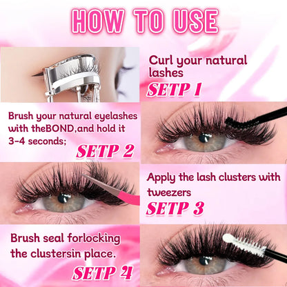 Top & Bottom Lash Extension Kit – 250/740 Cluster Fluffy Volume Mix Lengths DIY Eyelash Set for Bold Bombshell & Natural Lash Looks