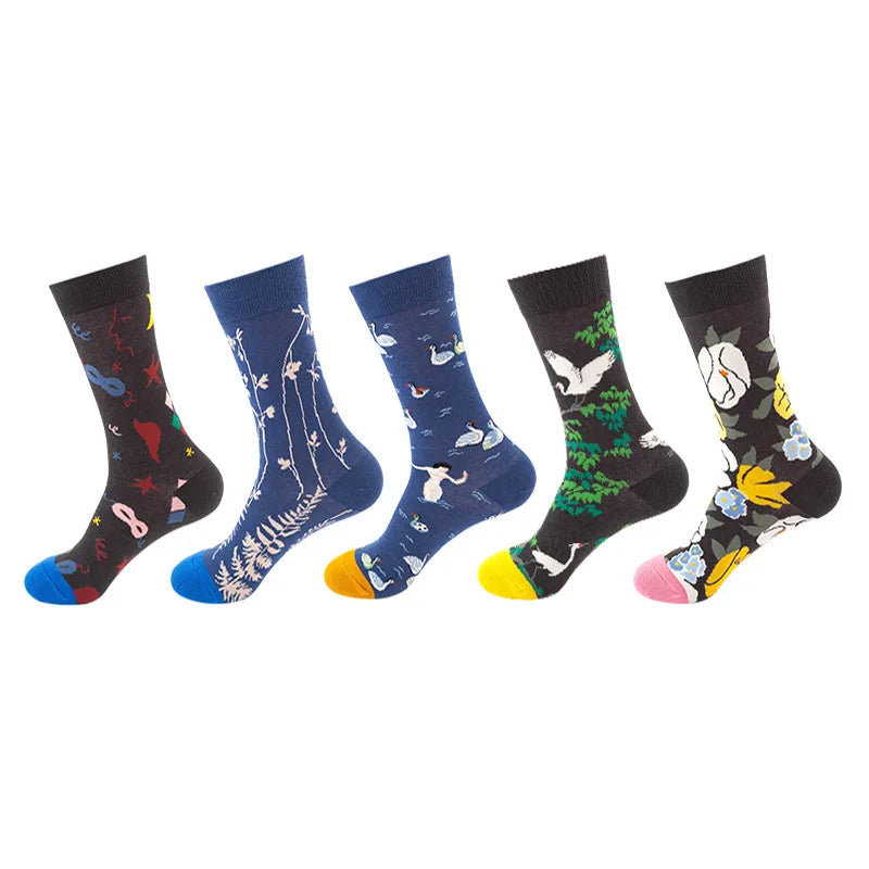 5-Pair Men’s Cotton Sports Socks Pack - Hip Hop Harajuku Pastel Print Long Tube Running Casual Socks